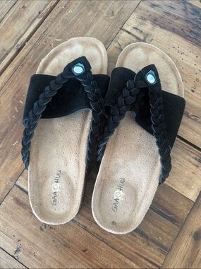 Women's Black Braided Suede Thong Sandals - Comfort Footbed